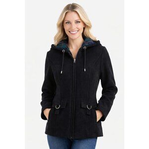 Fleet Street Wool Hooded Jacket Black Plaid Lined Wool Zip Coat Womens Petite PL